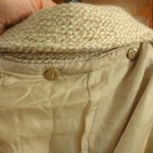 Liz Claiborne oatmeal colored long wool jacket with belt and detachable Hood.